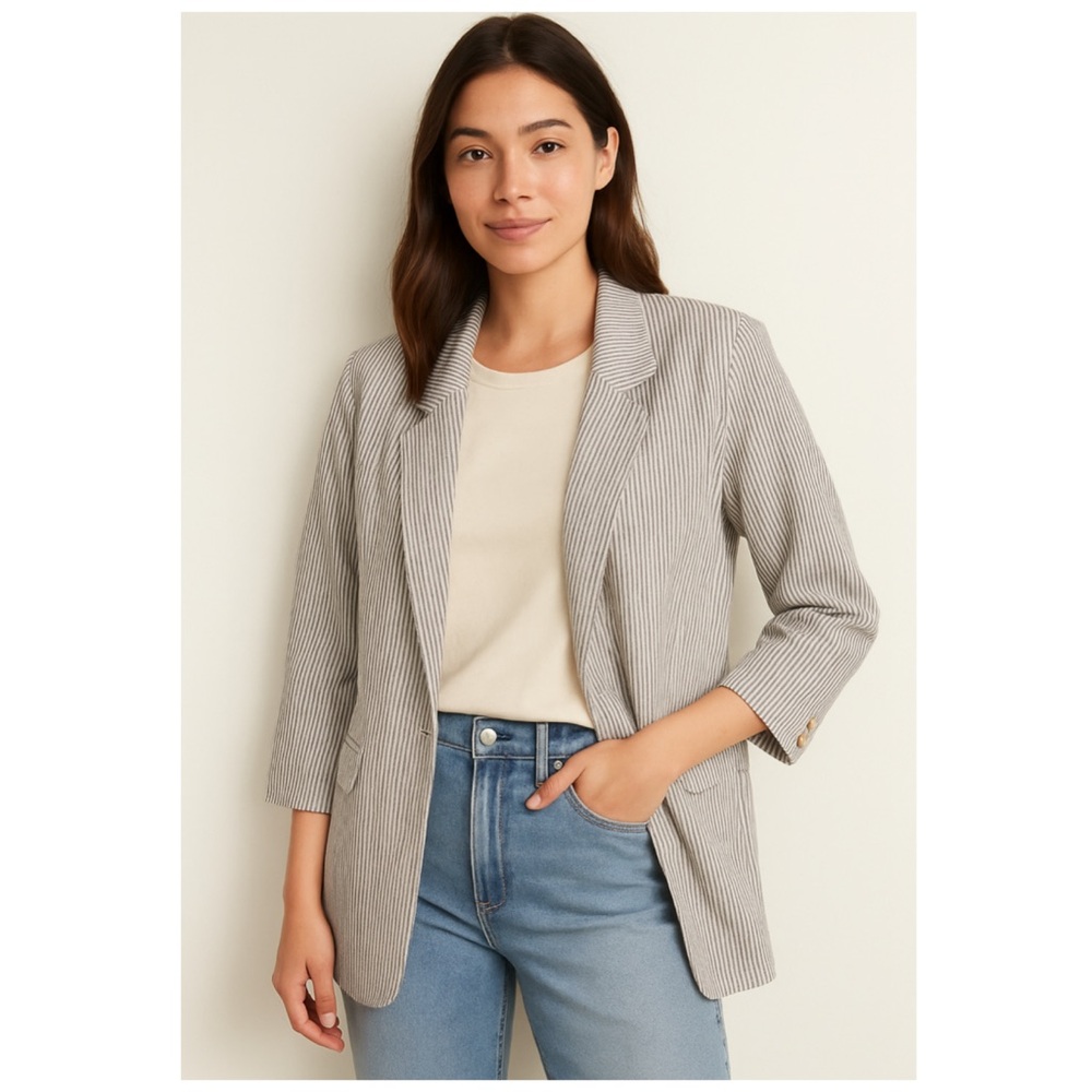 Old Navy Grey Striped Linen Blend Oversized Blazer Jacket 2X